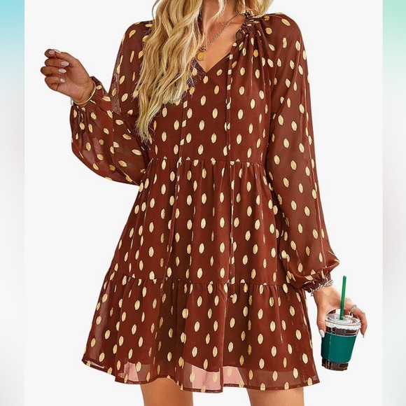 KIRUNDO Women 2024 Summer Long Sleeve V Neck Ruffle Polka Dot Mini Dress - Picture 2 of 6